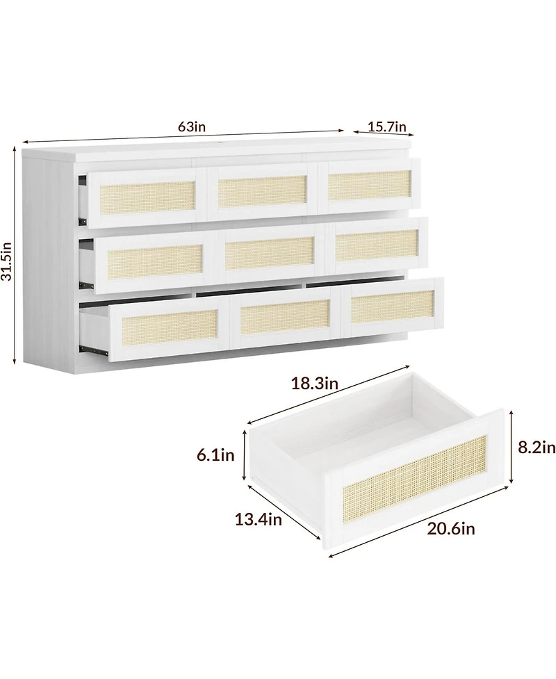 Rattan Dresser for Bedroom, 9 Drawer Dresser with Charging Station