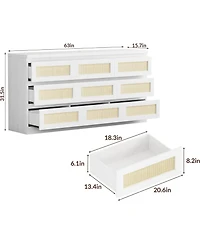 Rattan Dresser for Bedroom, 9 Drawer Dresser with Charging Station