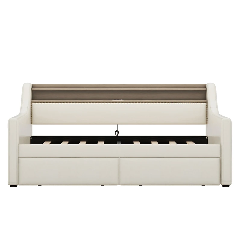 Simplie Fun Twin Size Daybed with Storage Drawers, Upholstered Daybed with Charging Station and Led Lights, Beige