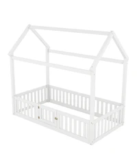 Boyel Living Twin Size Wood House Bed with Fence and Door