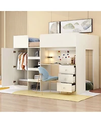 Boyel Living Wood Full Size Loft Bed with Built-in Wardrobe, Desk, Storage Shelves and Drawers