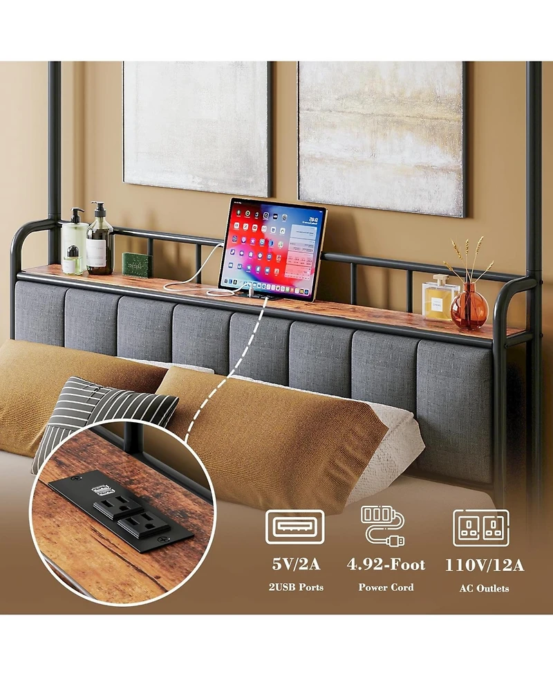 Likimio Canopy Bed Frame Full, Storage Headboard with Charging Station and 4 Removable Sturdy Posts, Noise Free