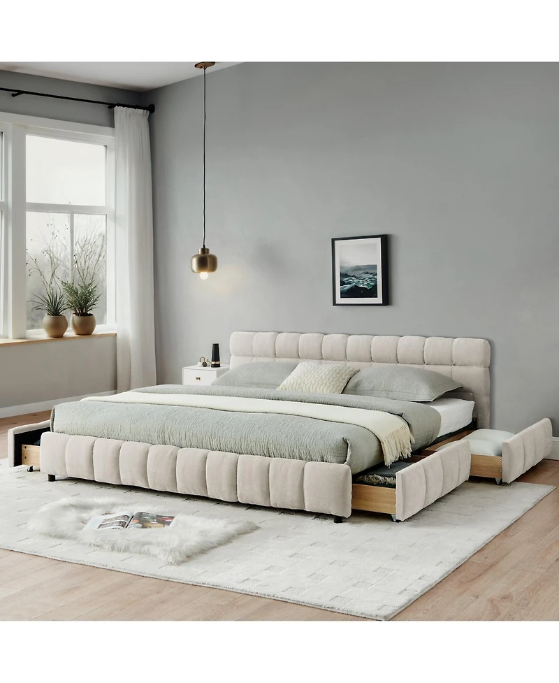 California King Upholstered Platform Bed with Chenille Fabric, Soft Headboard and Storage Drawer