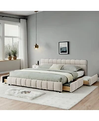 California King Upholstered Platform Bed with Chenille Fabric, Soft Headboard and Storage Drawer