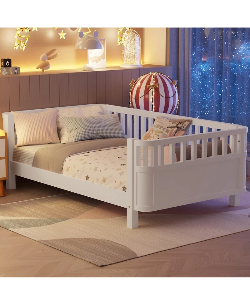 Boyel Living Twin Size Wood Platform Bed for Kids with Low Profile and Safety Rails, White (Patented Design)