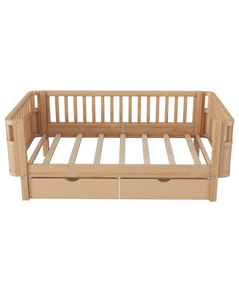 Boyel Living Twin Size Wood Platform Bed for Kids, Low Profile Twin Bed with 2 Wheeled Drawers & Rails