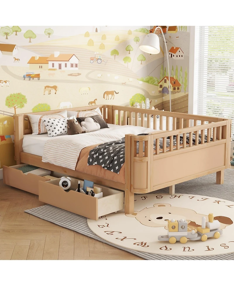 Full Size Wood Platform Bed for Kids, Low Profile Bed with 2 Wheeled Drawers & Rails
