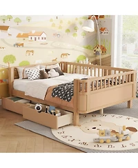 Full Size Wood Platform Bed for Kids, Low Profile Bed with 2 Wheeled Drawers & Rails