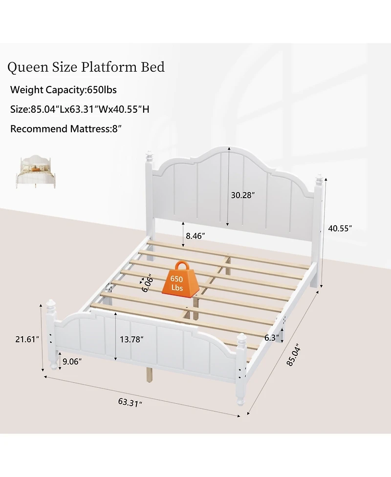 Boyel Living Queen Size Wooden Bed Frame with Headboard Vintage Platform Bed with Slats Support Easy Assembly