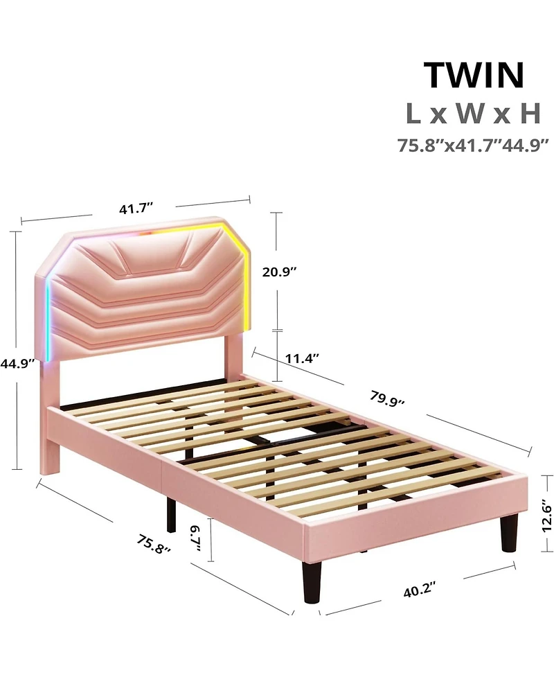 Likimio Twin Bed Frames with Led Light Headboard, Upholstered Modern Cama Twin Platform Bed Frame with Heavy Duty Supports, No Box Spring Need, Pink