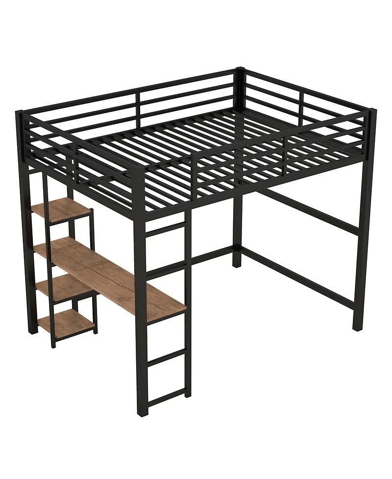 Simplie Fun Full Size Metal Loft Bed With Built-In Desk And Storage Shelves