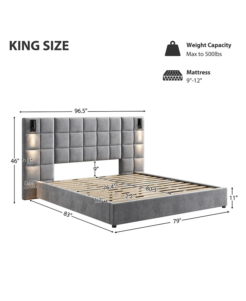 Streamdale Furniture Streamdale King Size Velvet Upholstered Bed Frame with Wall Sconce & Usb, Gray