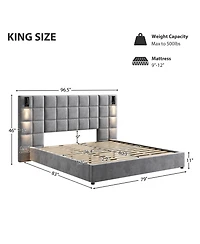 Streamdale Furniture Streamdale King Size Velvet Upholstered Bed Frame with Wall Sconce & Usb, Gray