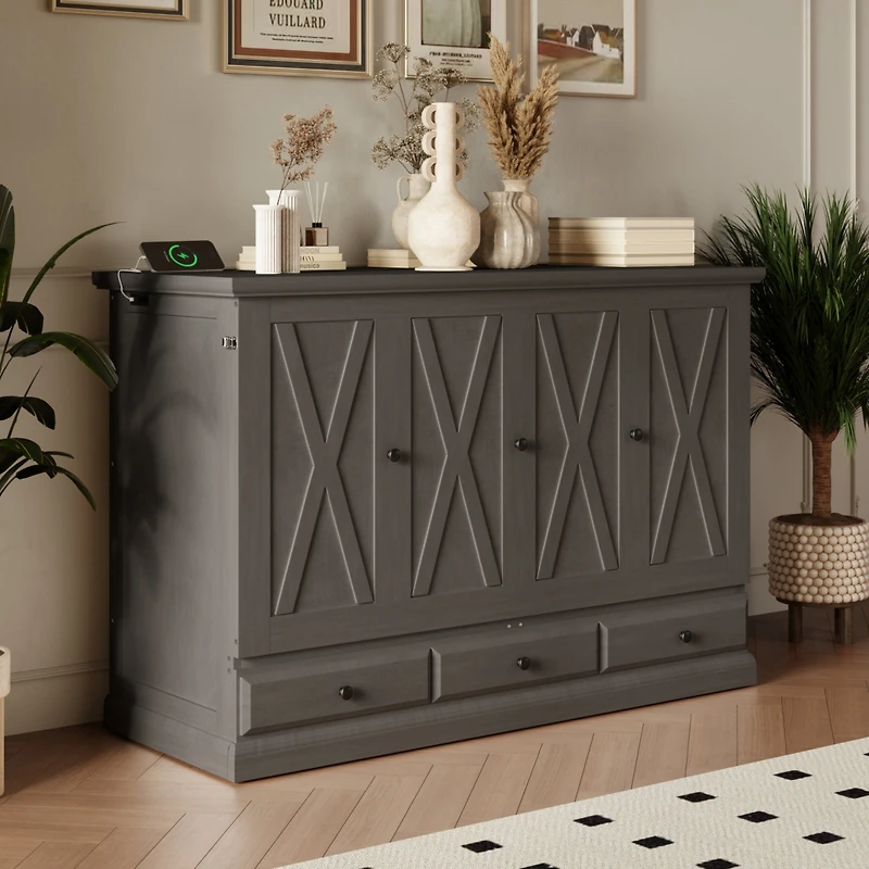 Streamdale Furniture Solid Pine Murphy Bed Chest: Charging Station, Storage, Gray