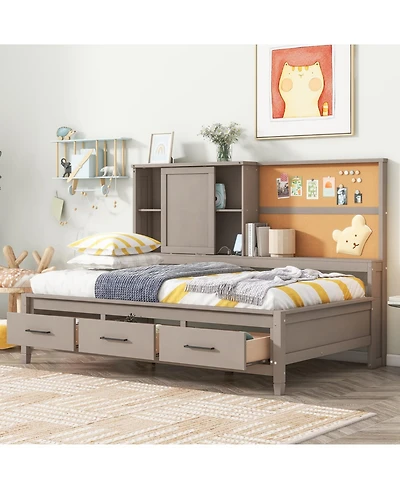Simplie Fun Twin Size Lounge Daybed with Storage Shelves, Cork Board, Usb Ports and 3 Drawers, Antique Wood Color
