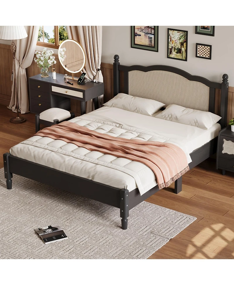 Streamdale Furniture Queen Wooden Bed, Natural Rattan, Vintage