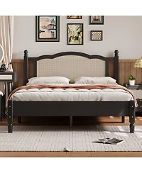 Streamdale Furniture Queen Wooden Bed, Natural Rattan, Vintage