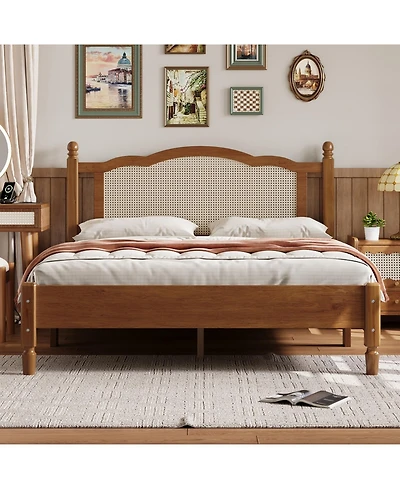 Streamdale Furniture Queen Wooden Bed, Natural Rattan, Vintage