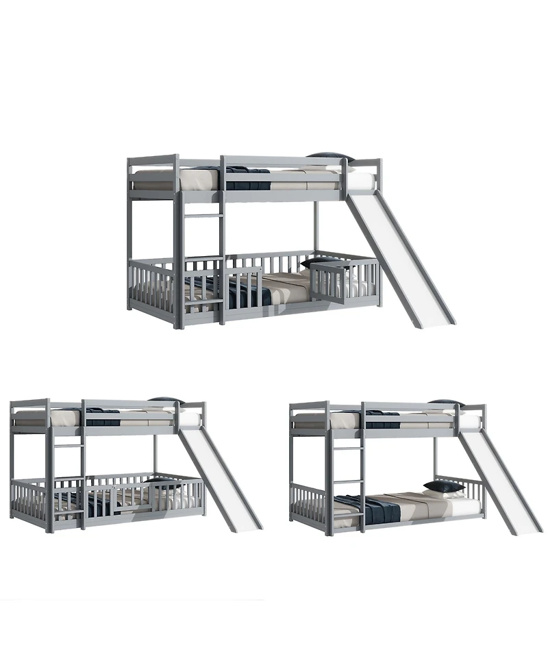 Streamdale Furniture Twin Over Twin Floor Bunk Bed with Slide, Ladder, Door, Safety Guardrails, Solid Pine Wood Bunk Bed