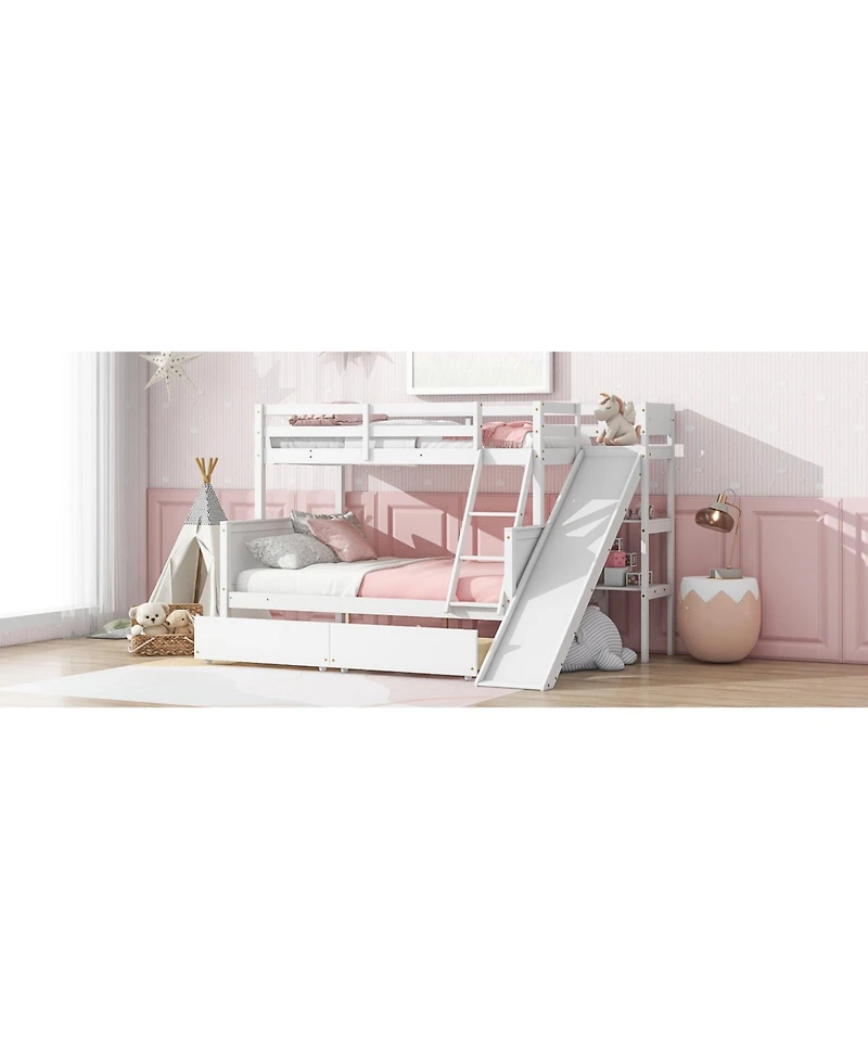 Streamdale Furniture Twin over Full Bunk Bed with 2 Drawers, Slide, Shelves, Ladder, Rubber Wood Bunk Bed with Slide, Drawers