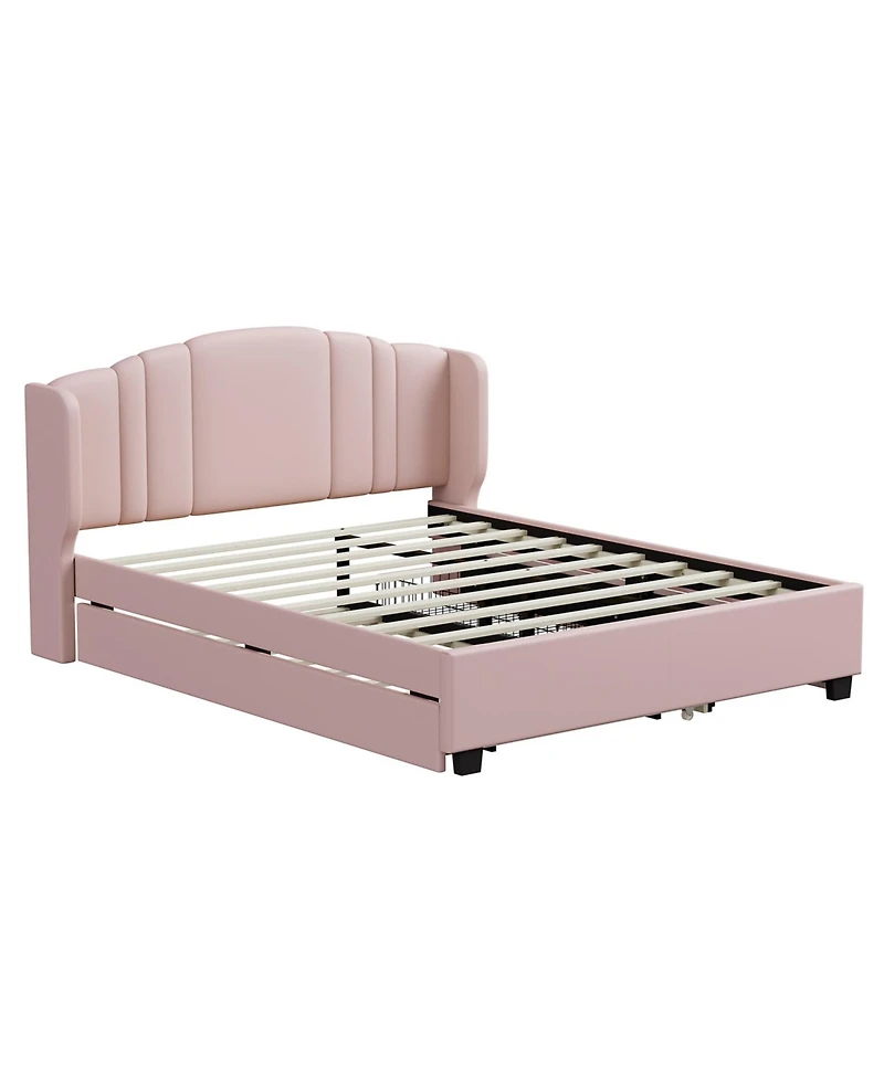 Streamdale Furniture + Queen Upholstered Wingback Headboard, Trundle, Drawers Platform Bed