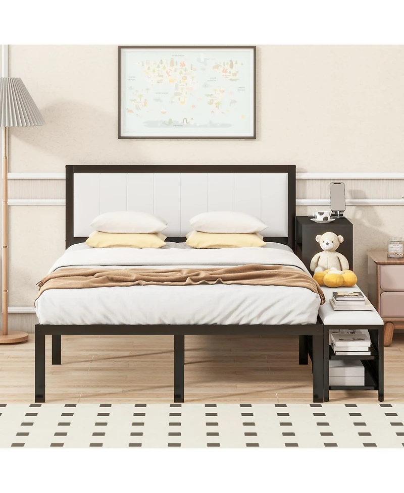 Streamdale Furniture Metal Platform Bed with Two-Tier Storage Shelves, Wooden Cabinet