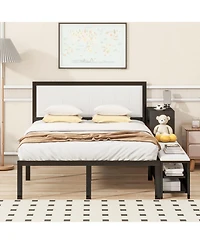 Streamdale Furniture Metal Platform Bed with Two-Tier Storage Shelves, Wooden Cabinet
