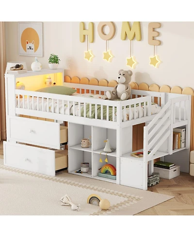 Streamdale Furniture Twin Loft Bed with Led, Bookshelf, Stairs, Drawers, Shelves