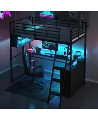 Streamdale Furniture Metal Loft Bed with Led, Desk and 4 Storage Shelves,