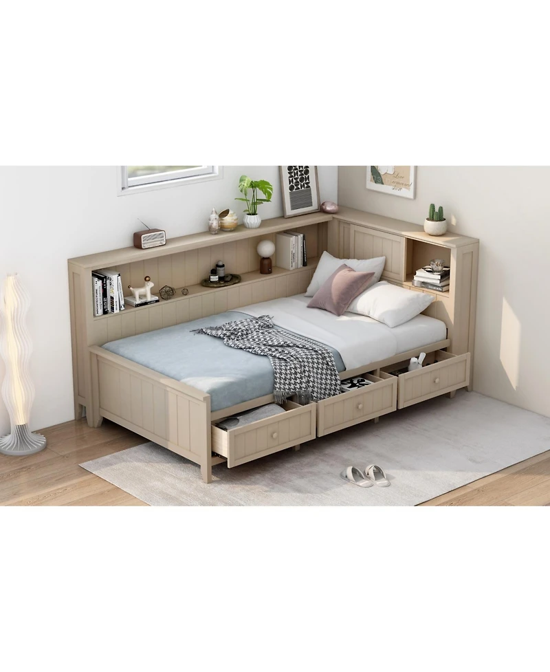 Streamdale Furniture Twin Size Wood Daybed with Storage Shelves and 3 Drawers, Antique