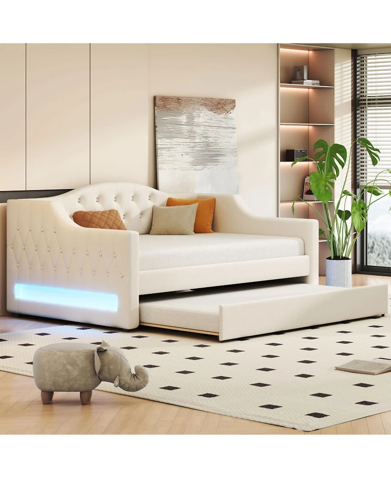 Streamdale Furniture Upholstered Full Xl Daybed with Led Belt and Trundle