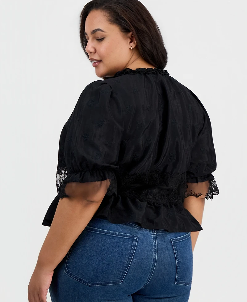 And Now This Trendy Plus Embroidered Mesh-Inset Tie-Front Top, Macy's Exclusive