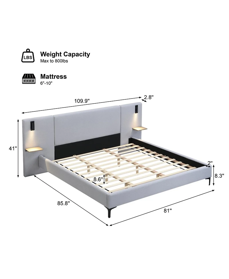 Streamdale Furniture Chic Linen Upholstered Bed with Integrated Lights and Shelves King