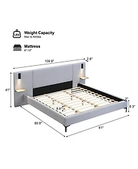 Streamdale Furniture Chic Linen Upholstered Bed with Integrated Lights and Shelves King