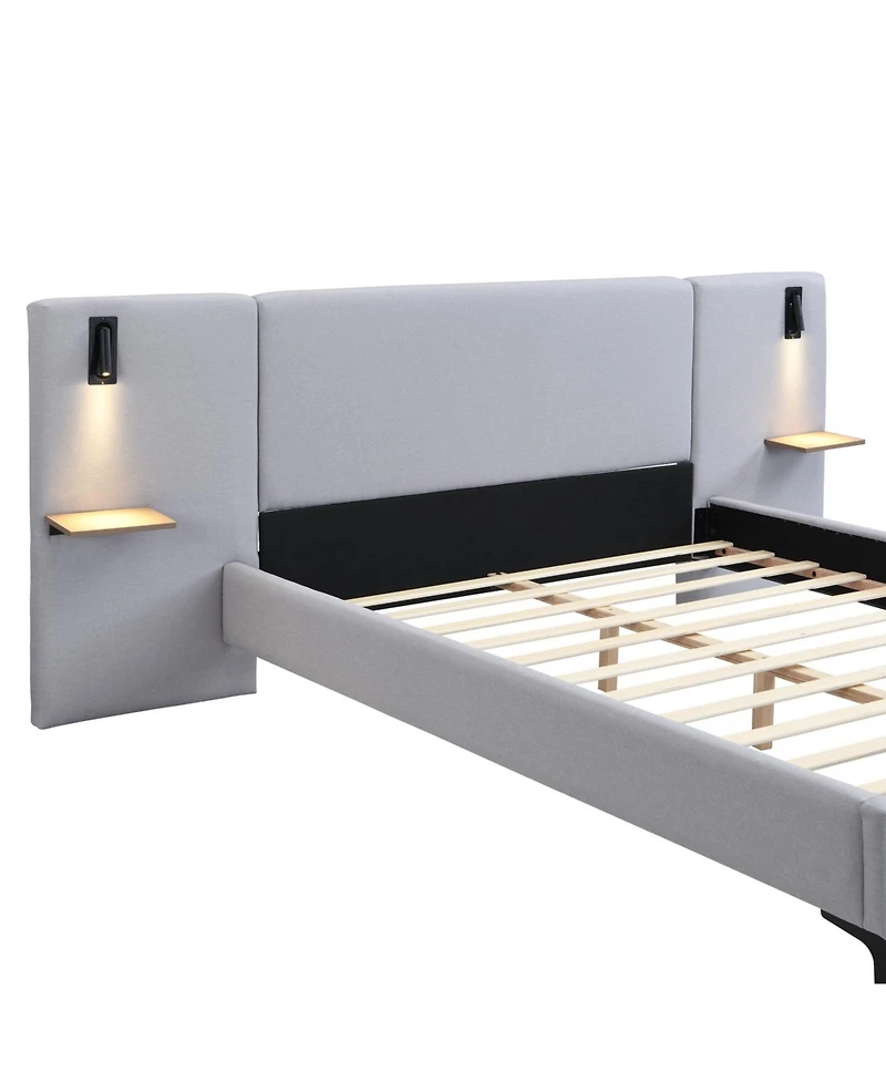 Streamdale Furniture Chic Linen Upholstered Bed with Integrated Lights and Shelves Queen