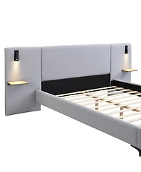 Streamdale Furniture Chic Linen Upholstered Bed with Integrated Lights and Shelves Queen