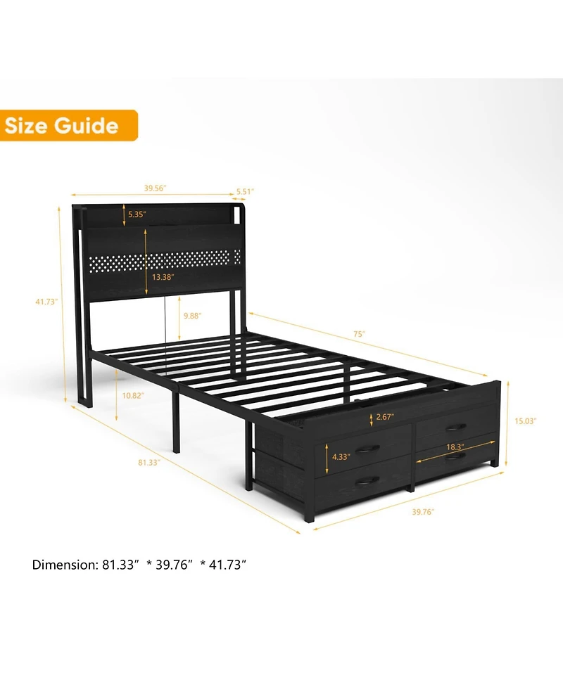 Streamdale Furniture Twin Bed Frame with Storage Black Metal Platform