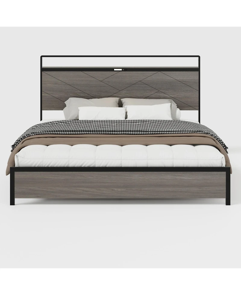Streamdale Furniture + King + Wooden + Led, Usb, Storage + Bed Frame