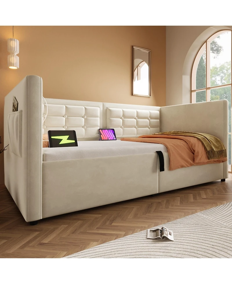 Streamdale Furniture Upholstered Twin Daybed with Hydraulic Storage, Usb Charging, Tufted Back, Beige Velvet