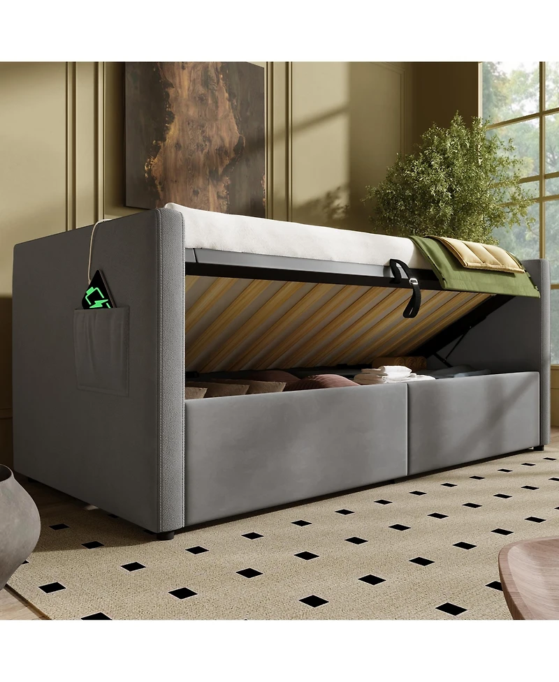 Streamdale Furniture Upholstered Twin Daybed with Hydraulic Storage, Usb Charging, Tufted Back, Gray Velvet