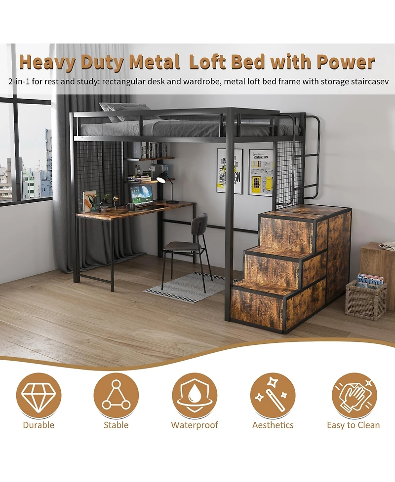 Streamdale Furniture Loft Bed with Desk, Usb, Drawers, Stairs & Storage - Black