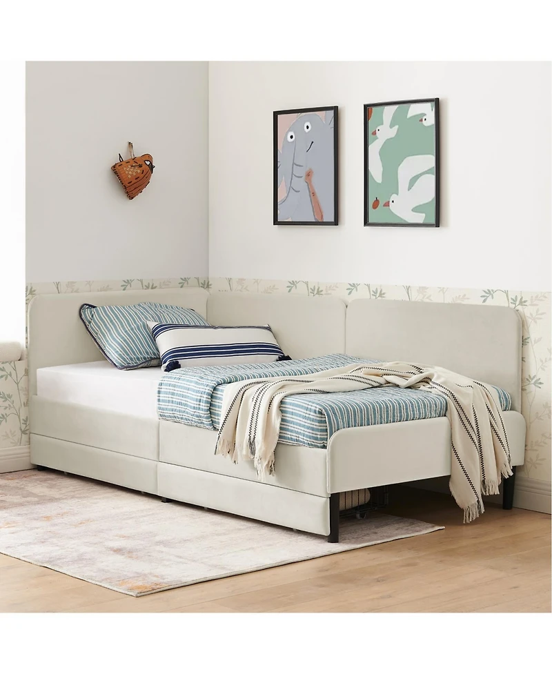 Streamdale Furniture Streamdale Twin Upholstered Platform Bed Frame w/ 2 Storage Drawers, Beige