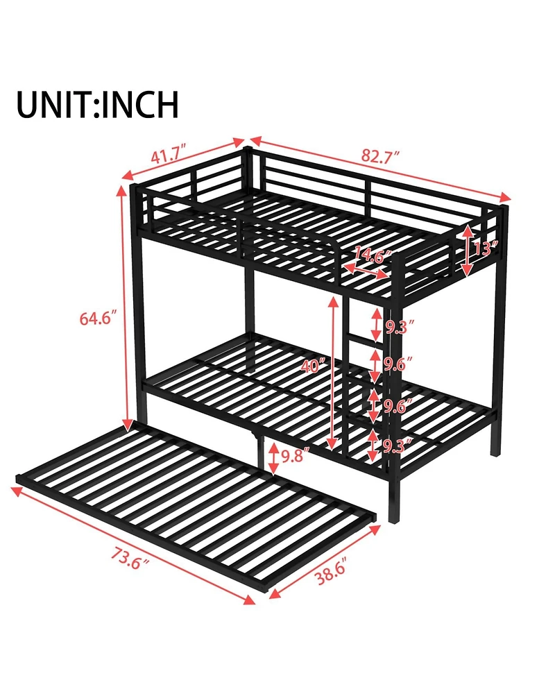 Streamdale Furniture Twin Xl over Twin Xl Metal Bunk Bed with Twin Size Trundle