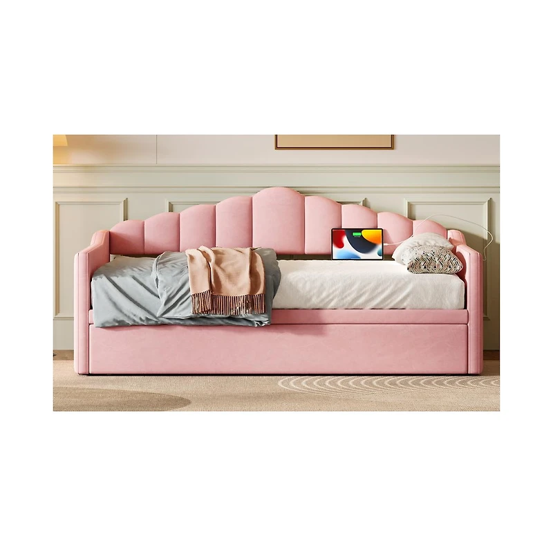 Streamdale Furniture Upholstered Twin Daybed with Pop Up Trundle, Usb Port, Pockets, No Box Spring
