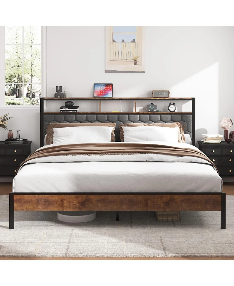 Streamdale Furniture King Wooden Platform Bed Frame w/ Usb Ports & Storage - Brown
