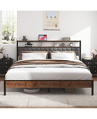 Streamdale Furniture King Wooden Platform Bed Frame w/ Usb Ports & Storage - Brown