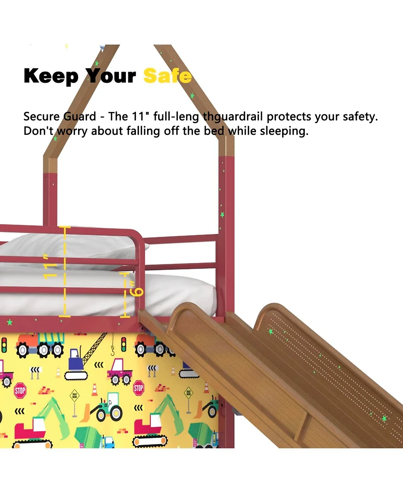 Streamdale Furniture Jack Metal Twin Loft Bed w/ Slide & Curtain - Super Hero Gold/Red