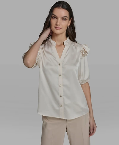 Karl Lagerfeld Paris Women's Ruffle Shoulder V-Neck Top