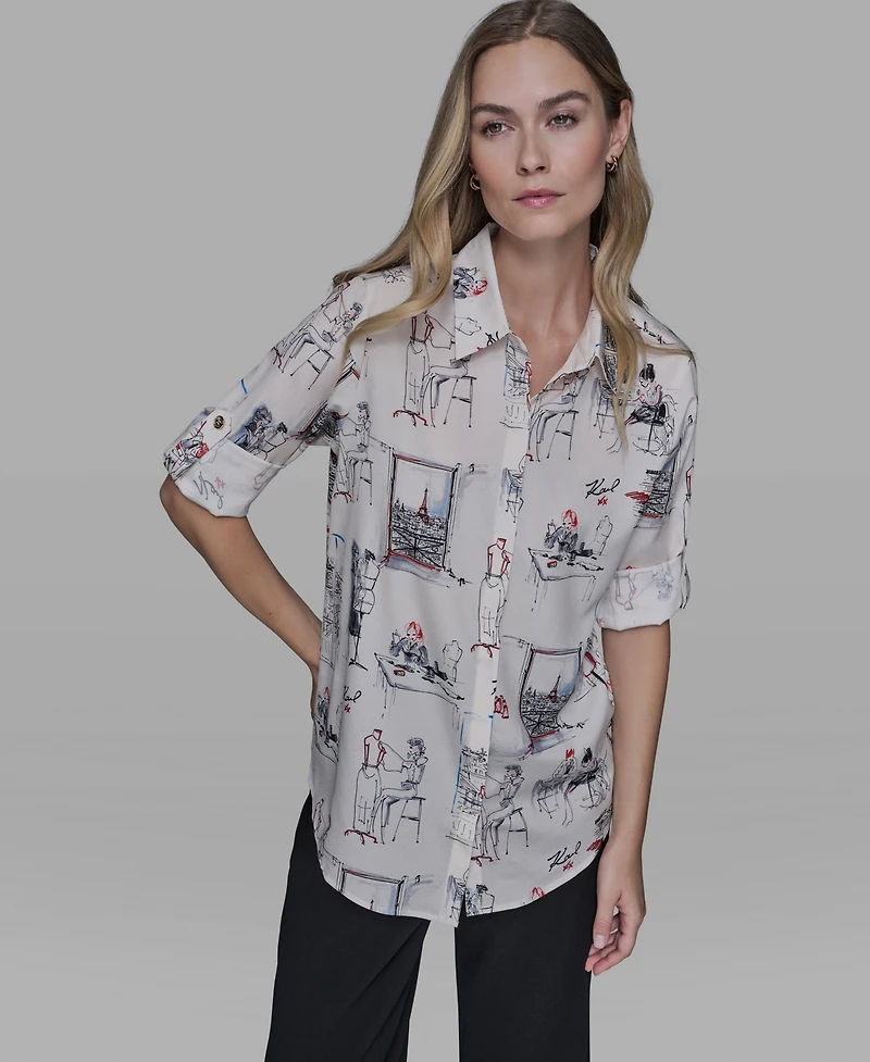 Karl Lagerfeld Paris Women's Printed Button-Front Blouse
