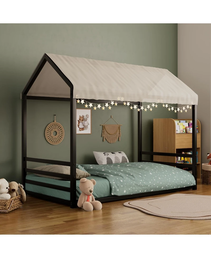 Streamdale Furniture Montessori Metal Floor Bed Frame, House Bed with Guardrails, Kids/Toddlers.